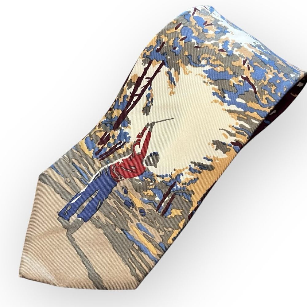 417 by Van Heusen Silk Golfer Tie Watercolor‎ Artsy Golf Cream Tan Blue Neutral